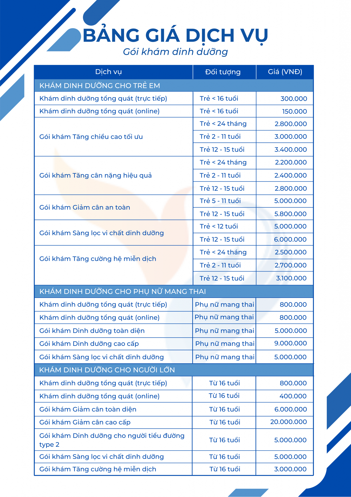 BẢNG GIÁ DỊCH VỤ - Viam Clinic